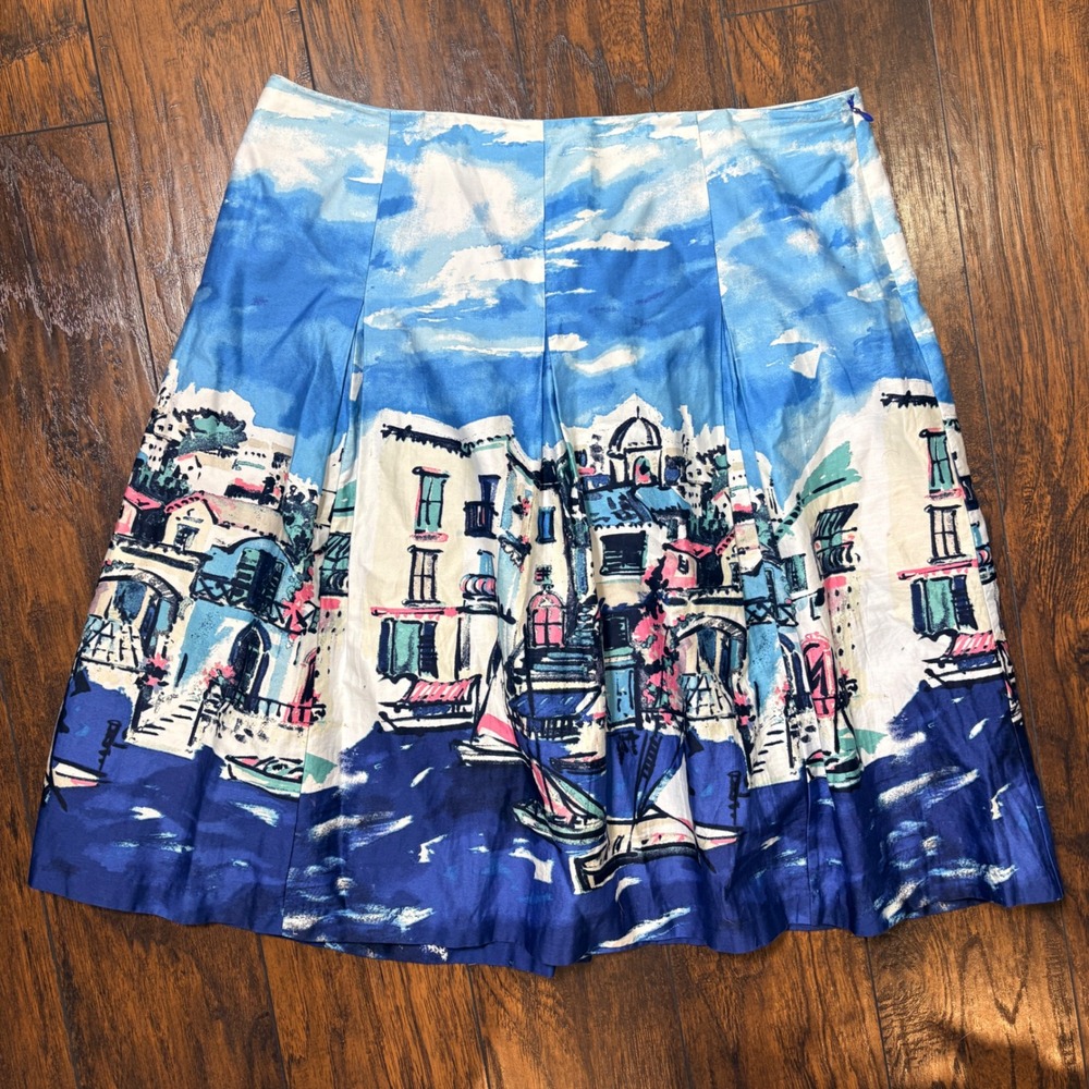 Charter Club A-Line Skirt Womens 14 Blue White Scenic Mediterranean Cotton Print